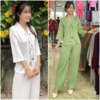 Đồ lam đi chùa bộ lụa bà lai thêu sen có nhiều màu
