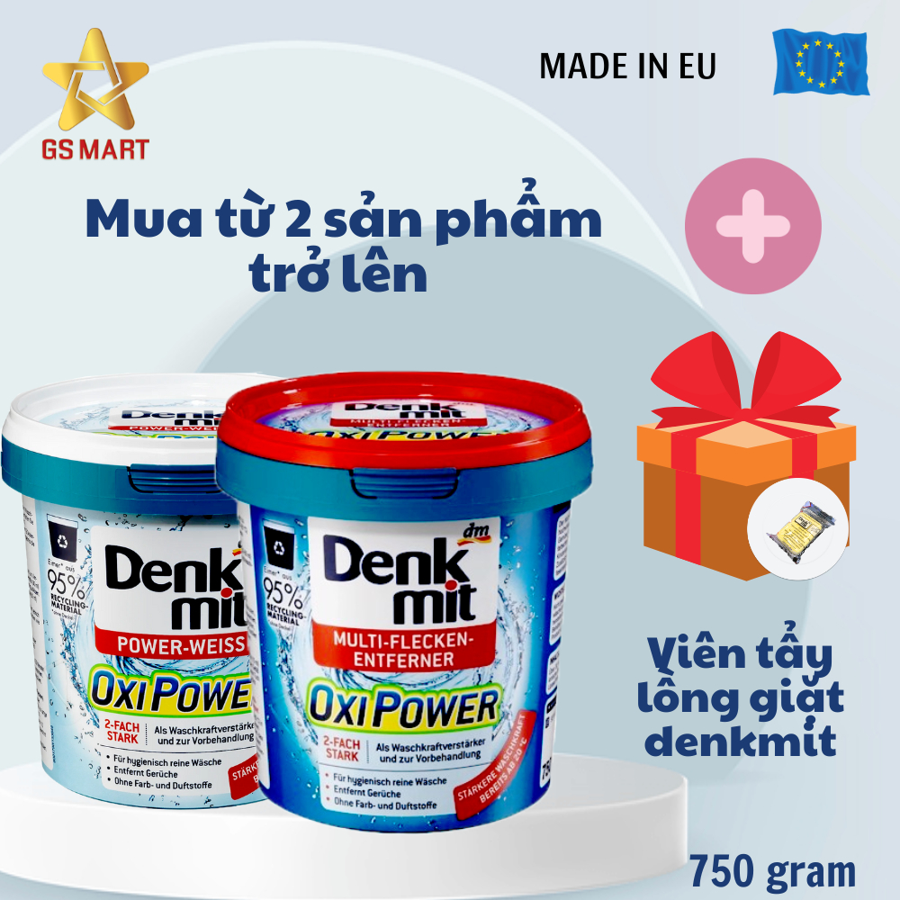 Bột giặt tẩy đa năng tẩy trắng quần áo Denkmit Oxi Power, hàng Đức, tẩy sạch vết bẩn trên quần áo trắng/màu, hộp 750gr