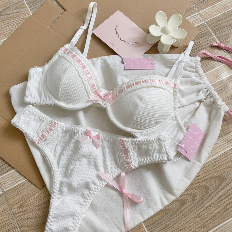 RIBBON | Áo bralette gọng cotton trắng phối ren ruy băng hồng