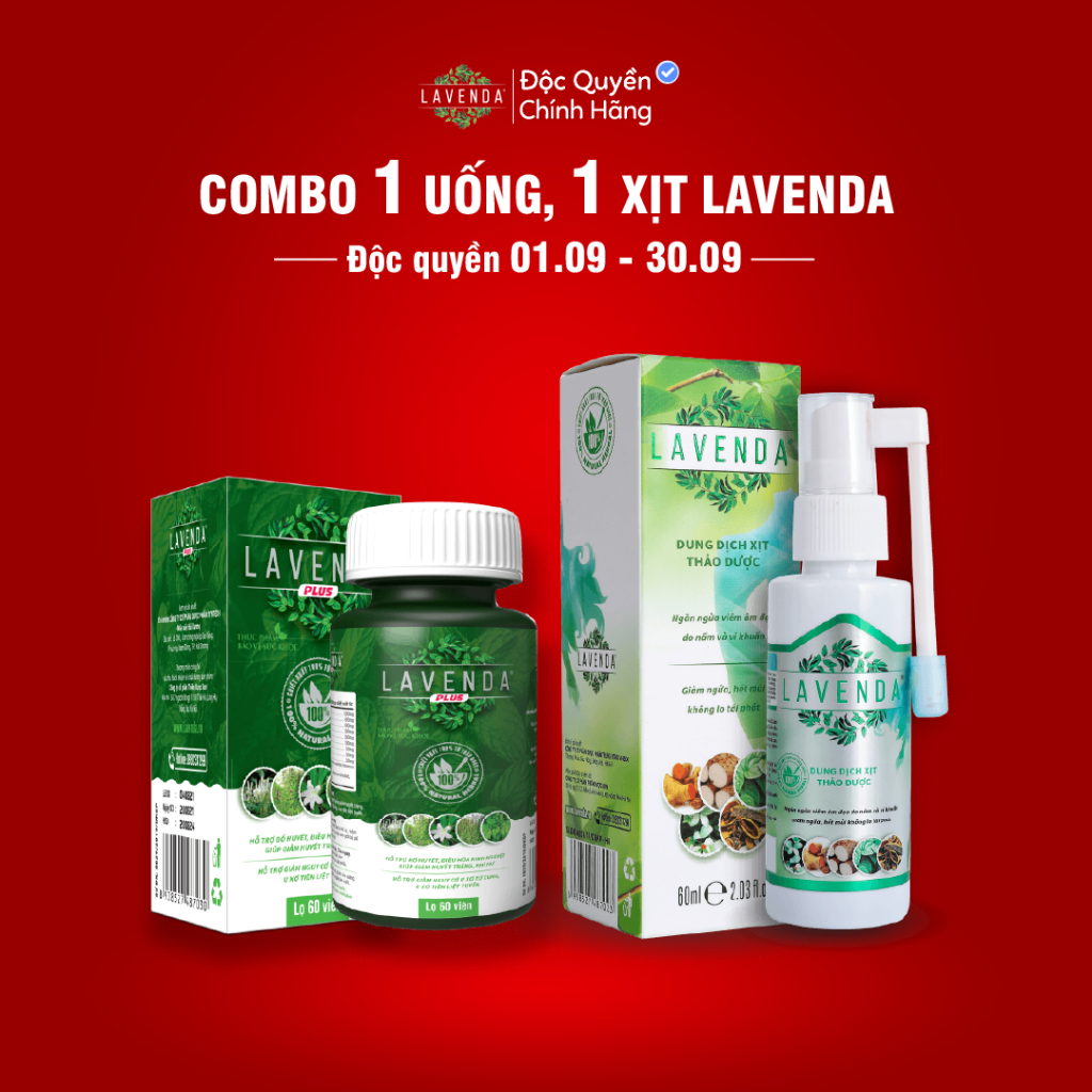 Combo xóa sổ Khí hư, Huyết trắng, Nấm ngứa, Khử mùi hôi (1 xịt Lavenda 60 ml + 1 uống Lavenda Plus 50g)