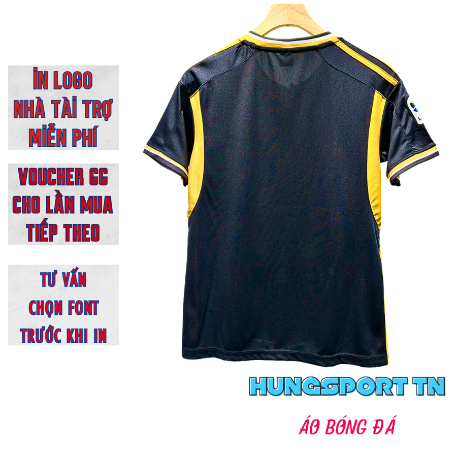 Real madrid đen thun mè, quần áo bóng đá thun lạnh, đồ đá banh in tên theo yêu cầu, in logo miễn phí HUNGSPORT TN