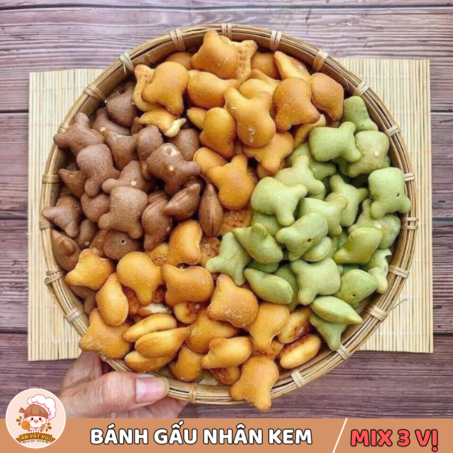 Combo 1KG Bánh gấu nhân kem Thiên Hồng mix 3 vị Ăn Vặt Vui