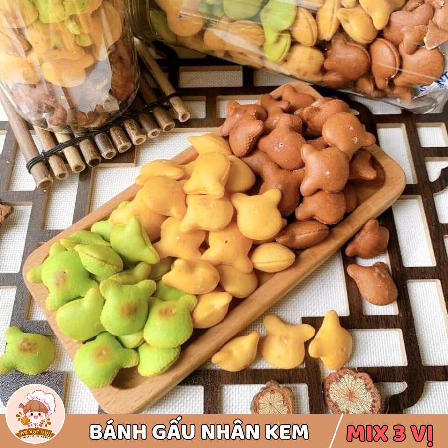 Combo 1KG Bánh gấu nhân kem Thiên Hồng mix 3 vị Ăn Vặt Vui