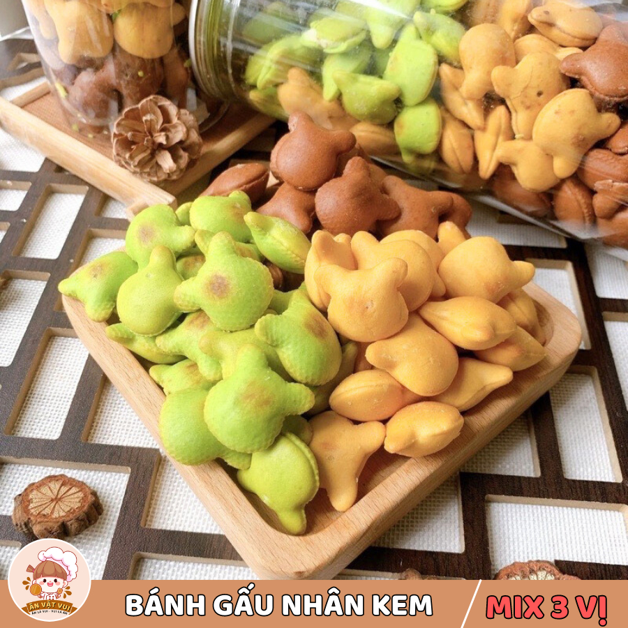 Combo 1KG Bánh gấu nhân kem Thiên Hồng mix 3 vị Ăn Vặt Vui