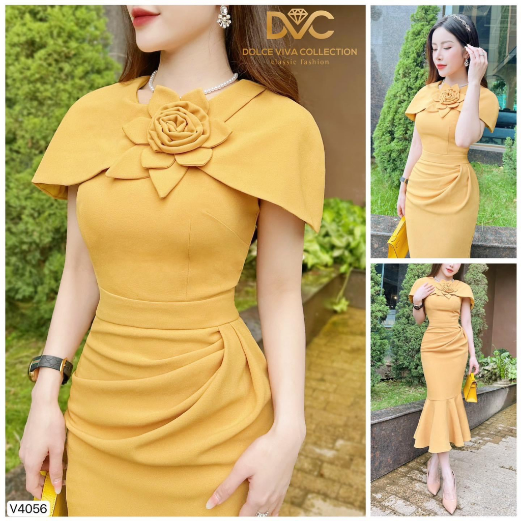 V4056 Váy đầm body đuôi cá vàng dự tiệc  váy vàng đuôi cá đính hoa ngực sang chảnh