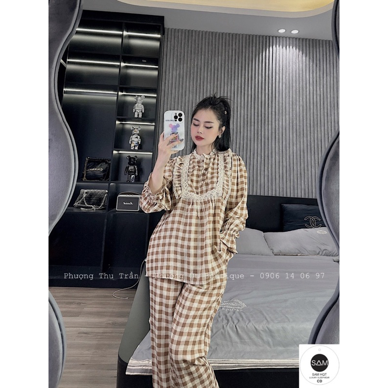 Bộ Kẻ Ô Tiểu Thư Viền Ren Áo Dài Quần Dài