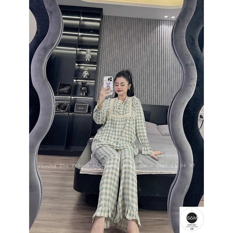 Bộ Kẻ Ô Tiểu Thư Viền Ren Áo Dài Quần Dài
