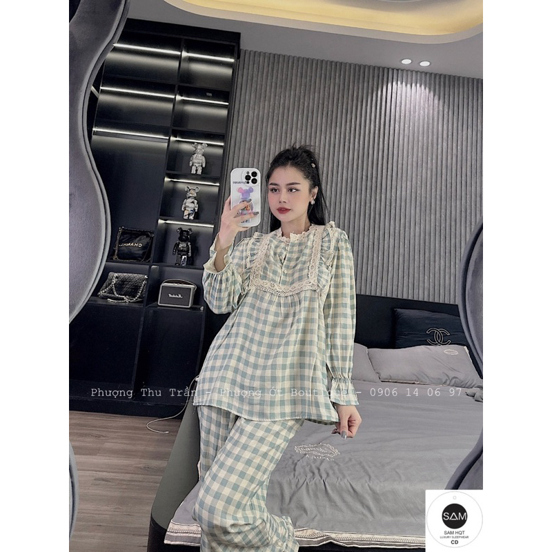 Bộ Kẻ Ô Tiểu Thư Viền Ren Áo Dài Quần Dài