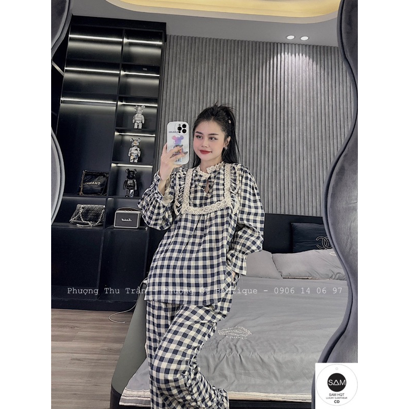 Bộ Kẻ Ô Tiểu Thư Viền Ren Áo Dài Quần Dài