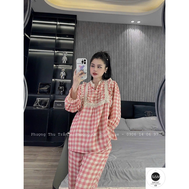 Bộ Kẻ Ô Tiểu Thư Viền Ren Áo Dài Quần Dài