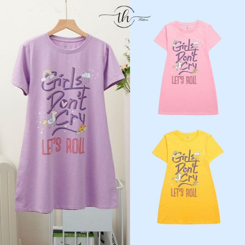 Đầm trẻ em chất Cotton local brand TH Fashion KCTC0176 in hình Girls don't cry let's roll dành cho bé từ 22 đến 45kg