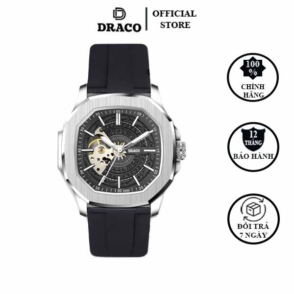 Đồng hồ nam Draco D23-DS68 “DongSon” Automatic trắng đen kết hợp chất liệu dây cao su non cao cấp màu đen-thời trang nam