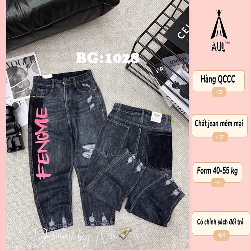 Quần jean nữ baggy lưng cao in chữ hồng đen black pink hot hàng QCCC (chất lượng y hình )