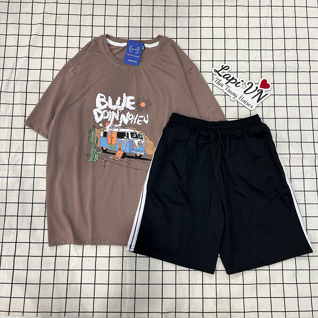 Set Đồ Bộ Thể Thao Nam Nữ Mẫu Blue Doin Noheu Phong Cách Ulzzang- Lapi Vn, Phom Unisex, Freesize Chất Cotton Không Phai