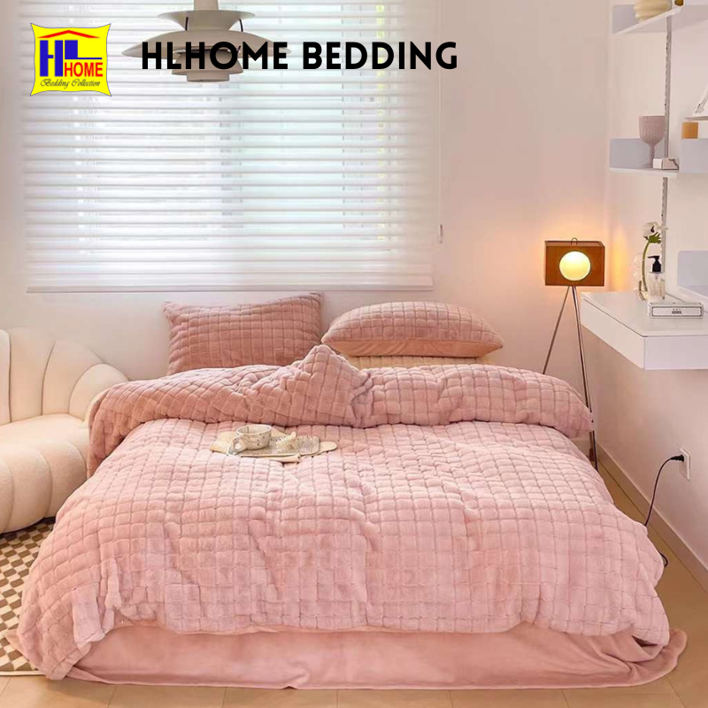 Bộ chăn ga nỉ lông thỏ line Hlhome bedding siêu mềm mịn, ấm áp c075