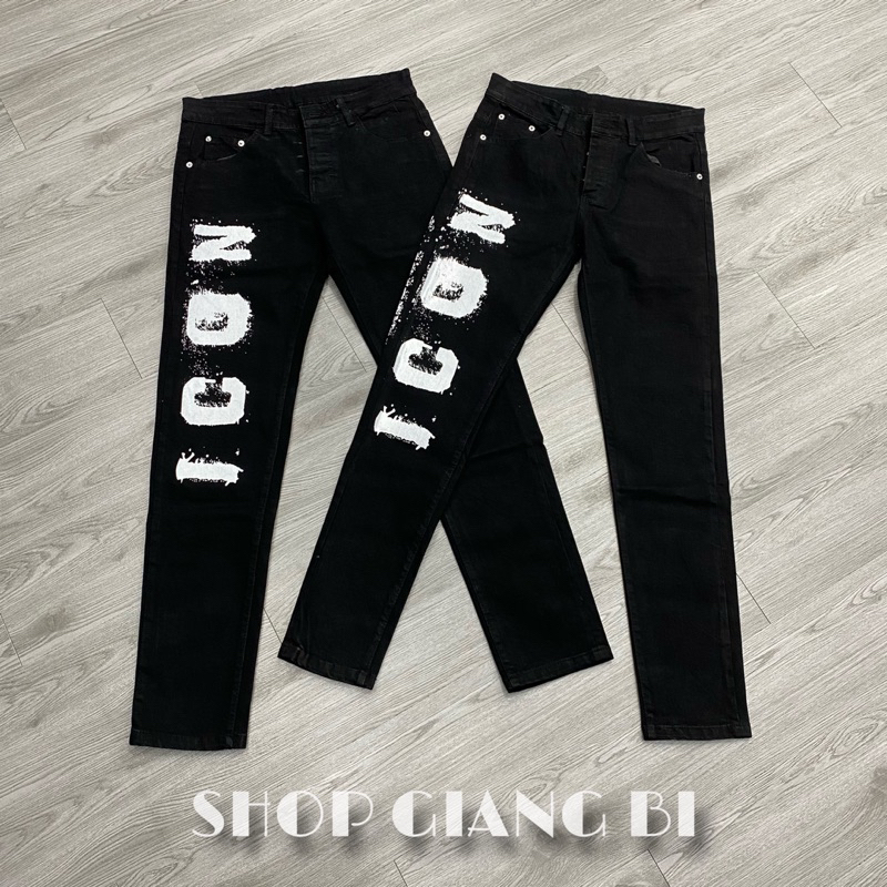 Quần jean dsq2 icon đen trơn chữ sơn icon trắng đơn giản không rách,quần bò icon chữ icon dọc đùi