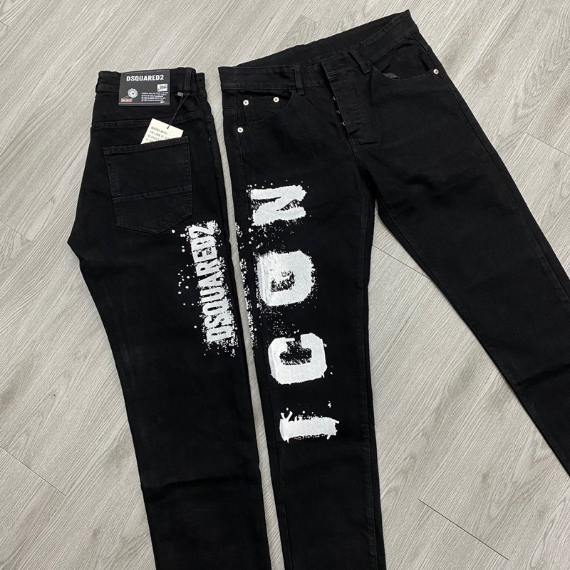 Quần jean dsq2 icon đen trơn chữ sơn icon trắng đơn giản không rách,quần bò icon chữ icon dọc đùi