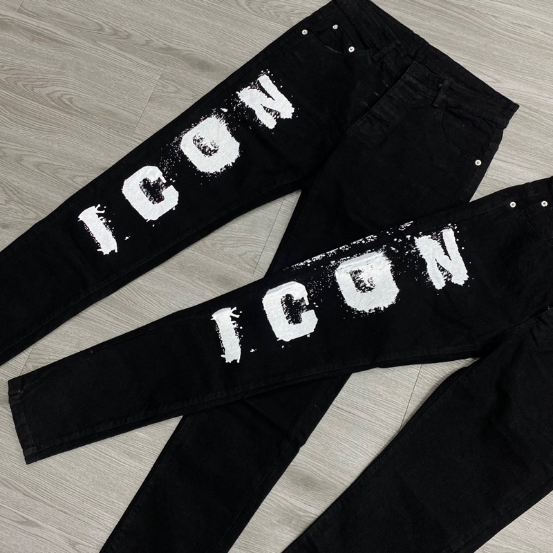 Quần jean dsq2 icon đen trơn chữ sơn icon trắng đơn giản không rách,quần bò icon chữ icon dọc đùi