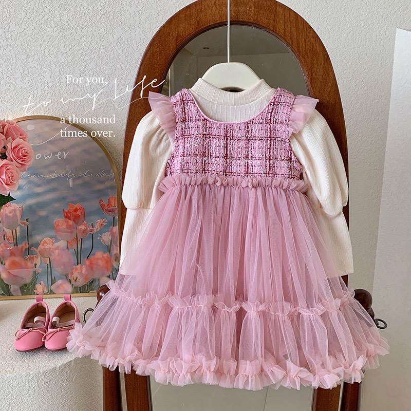 Váy Voan Phối Vải, Tweed Hồng QCCC Bé Gái