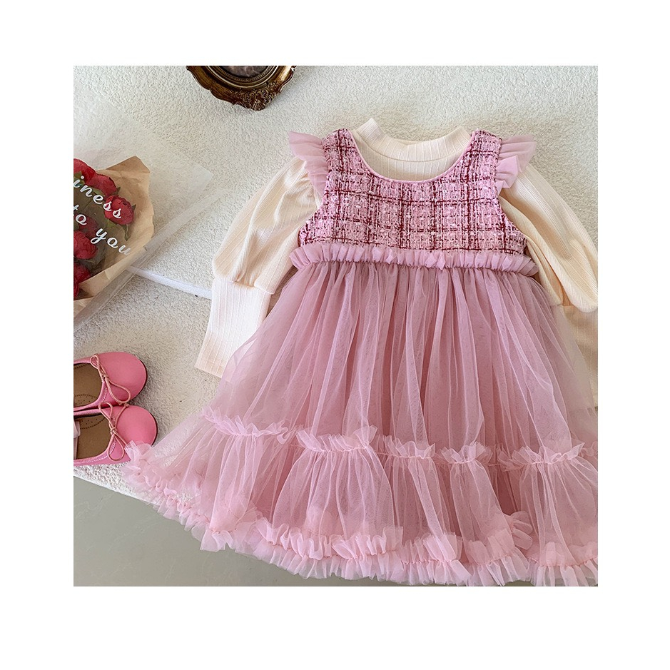 Váy Voan Phối Vải, Tweed Hồng QCCC Bé Gái