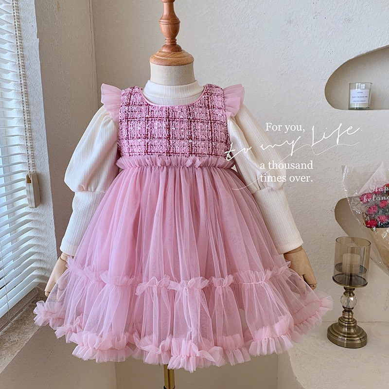 Váy Voan Phối Vải, Tweed Hồng QCCC Bé Gái