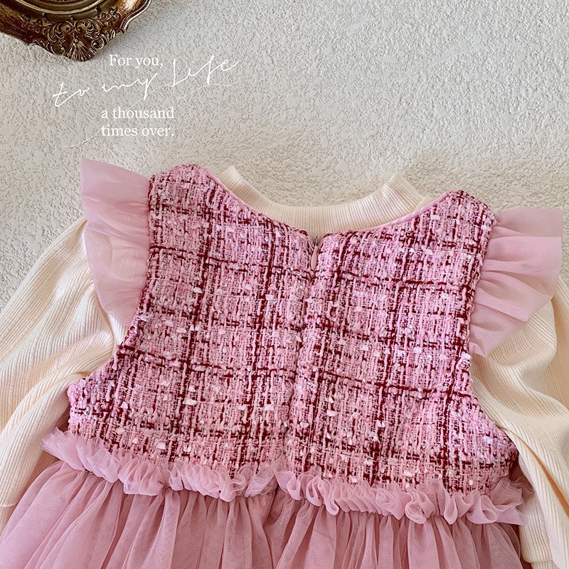 Váy Voan Phối Vải, Tweed Hồng QCCC Bé Gái