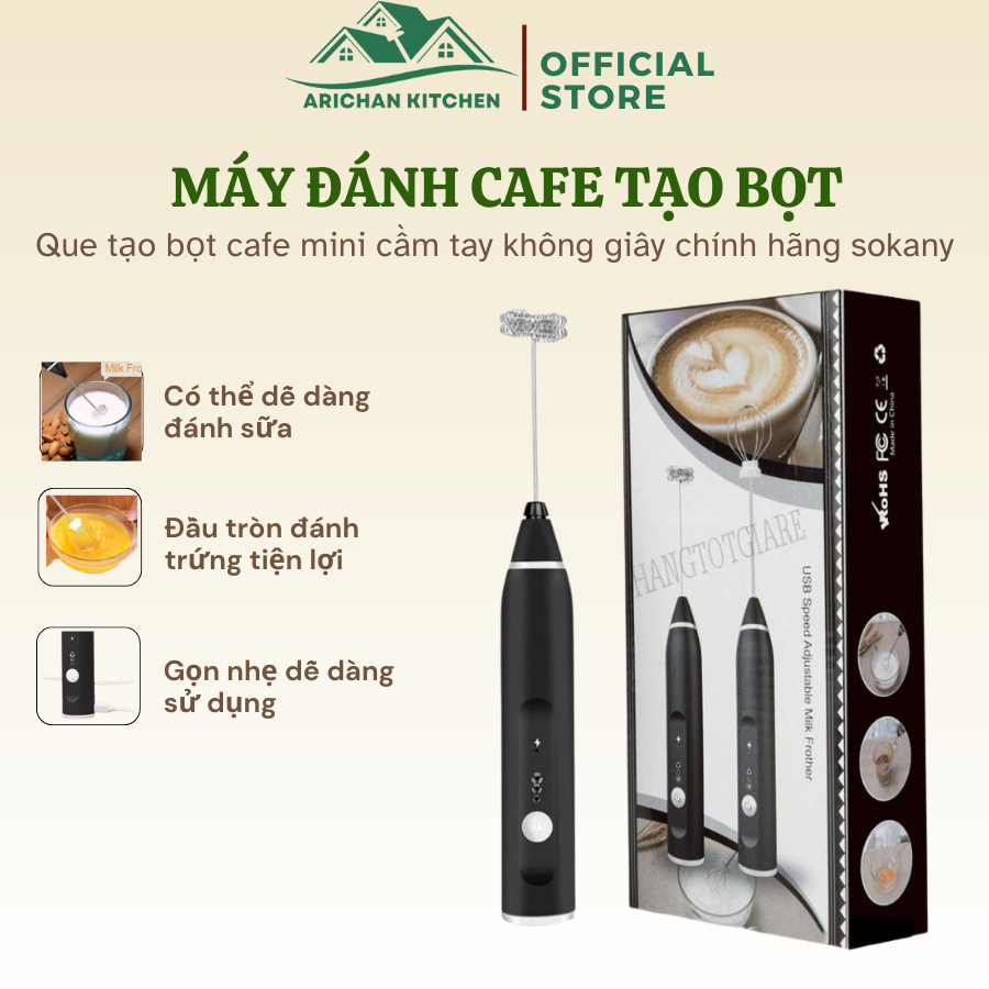 Máy Đánh Trứng, Que Tạo Bọt Cafe Cầm Tay Mini Không Giây 3 Cấp Độ Kèm 2 Đầu Đánh Sạc Pin USB Bảo Hành 1 Tháng