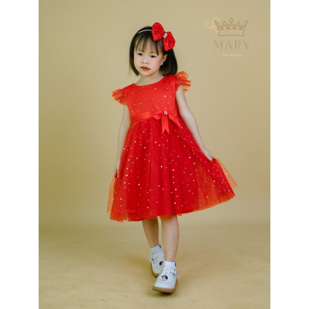 Đầm công chúa ngôi sao lấp lánh kèm cài tóc và nơ lưng bé gái đi tiệc diễn văn nghệ lễ hội noel tết MARY PRINCESS