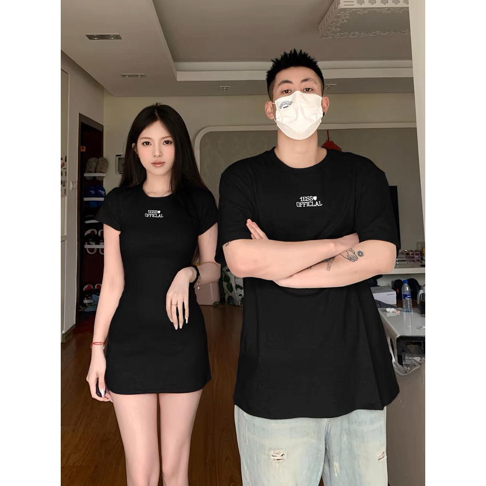 Đồ đôi 1ESS<3 Áo dáng xuông Váy Body siết eo Màu đen