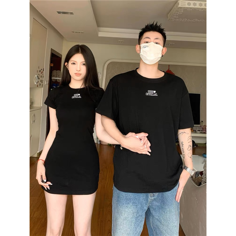 Đồ đôi 1ESS<3 Áo dáng xuông Váy Body siết eo Màu đen