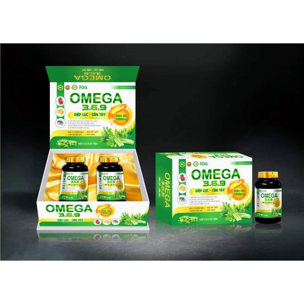 Combo 2 Lọ Omega 369 Diệp Lục Cần Tây Tinh Dầu Thông Đỏ giúp sáng mắt giảm nguy cơ xơ vữa động mạch, Dầu Cá Fish oil 100