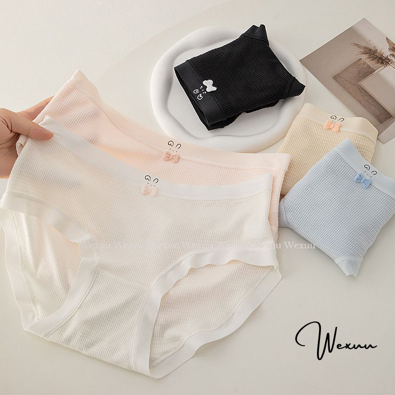 Quần lót nữ cotton WEXUU họa tiết thỏ đính nơ xinh xắn phối viền su mềm mại co giãn thoải mái thoáng khí - QC156