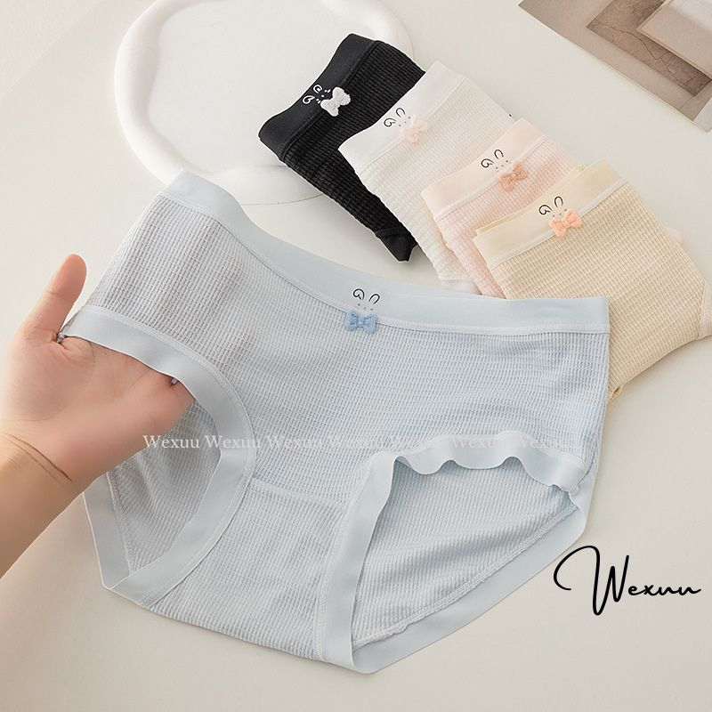 Quần lót nữ cotton WEXUU họa tiết thỏ đính nơ xinh xắn phối viền su mềm mại co giãn thoải mái thoáng khí - QC156