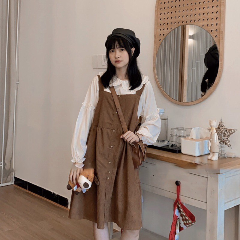 SET YẾM BROWNIE gồm váy nhung 2 dây và áo sơ mi trắng tay dài (ảnh thật/sẵn/video)