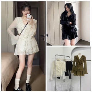 Set áo bèo kèm chân váy xoè tơ nhăn body sang chảnh EMILY SET