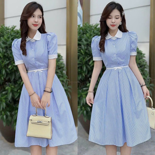 Đầm váy nữ xòe kate kẻ sọc họa tiết phối màu cổ cột nơ eo cực kì duyên dáng, trẻ trung với tone màu tươi tắn đi dự tiệc