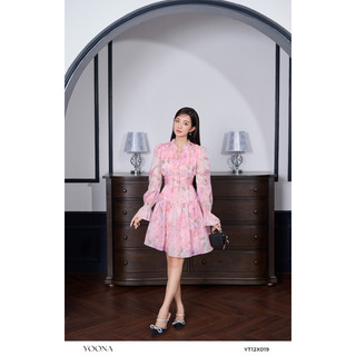 Đầm hồng dài tay họa tiết hoa chất liệu tơ YOONA - YT12X019