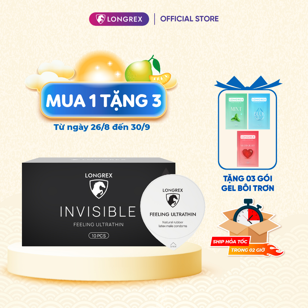 Bao cao su Longrex Invisible siêu mỏng, nhiều gel bôi trơn, hương vani, chất cao su tự nhiên hộp 10 bcs LR3
