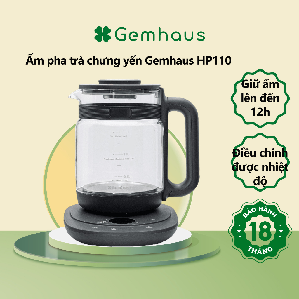 Ấm pha trà chưng yến GEMHAUS HP110 dung tích 1.5L, 8 chế độ nấu [Hàng chính hãng]