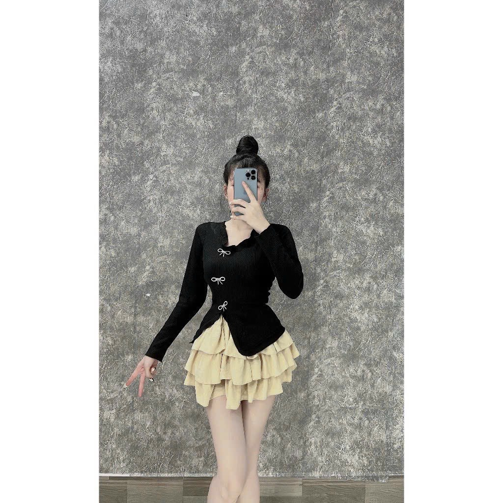 BIGSIZE HIẾU HIẾU - Set áo thun gân Tay Dài đính nơ kèm chân váy tầng 55-95kg