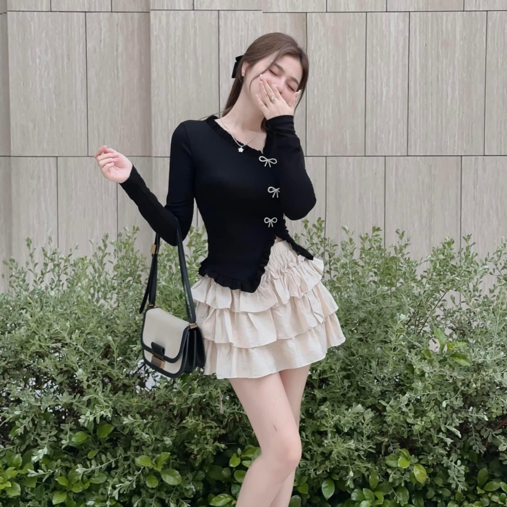 BIGSIZE HIẾU HIẾU - Set áo thun gân Tay Dài đính nơ kèm chân váy tầng 55-95kg