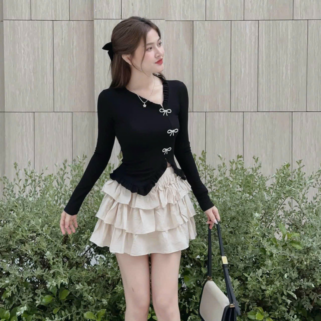 BIGSIZE HIẾU HIẾU - Set áo thun gân Tay Dài đính nơ kèm chân váy tầng 55-95kg