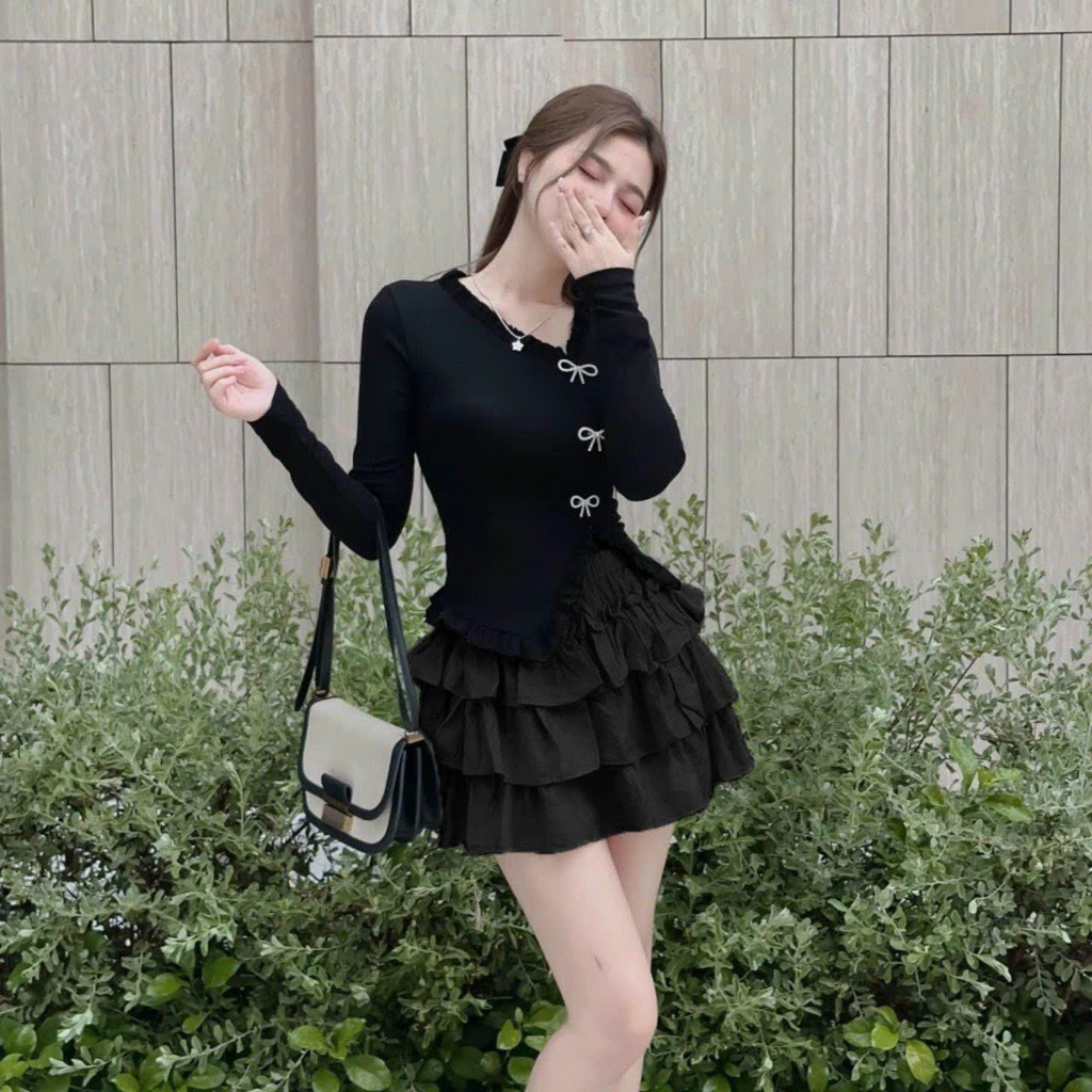 BIGSIZE HIẾU HIẾU - Set áo thun gân Tay Dài đính nơ kèm chân váy tầng 55-95kg