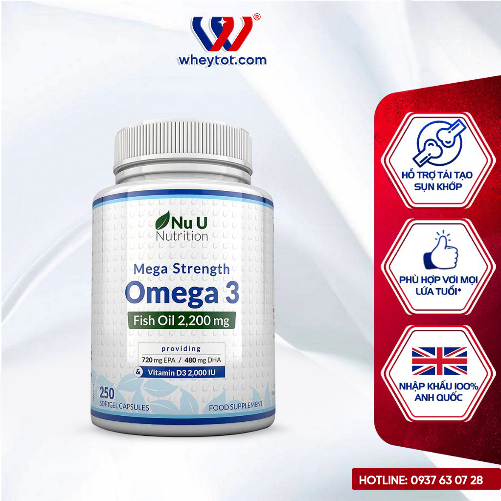 Viên uống dầu cá Omega 3 &amp; Vitamin D3 Mega Strength Nu U Nutrition 250 viên