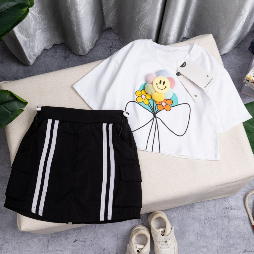 8kg - 38kg set váy áo thun cotton chính phẩm chân váy kaki họa tiết bó hoa xinh xắn cho bé gái 1 tuổi - 12 tuổi