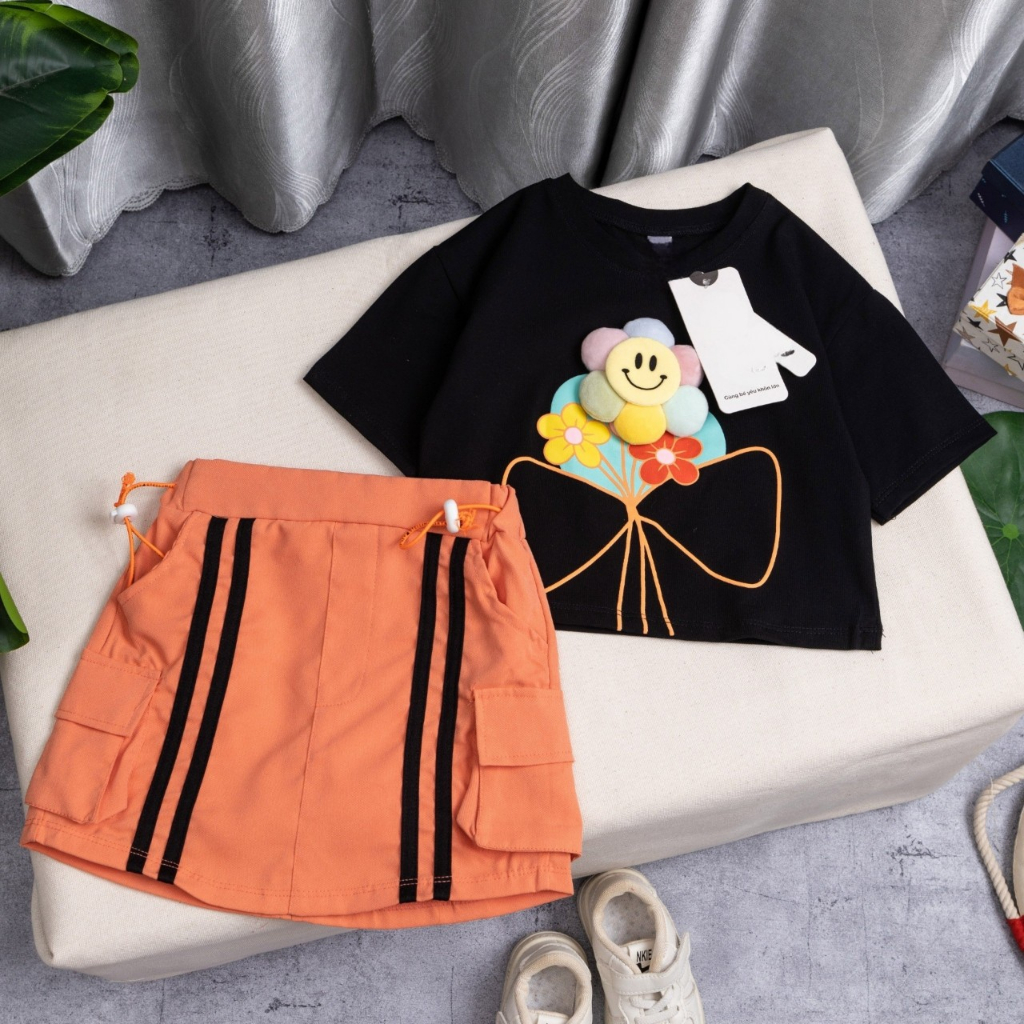 8kg - 38kg set váy áo thun cotton chính phẩm chân váy kaki họa tiết bó hoa xinh xắn cho bé gái 1 tuổi - 12 tuổi