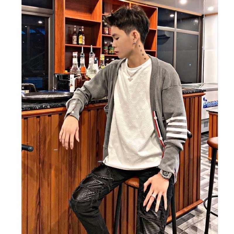 Áo Cardigan Thome Browe Chất Nhung Tăm-Áo Cardigan Phối Hoạ Tiết 4 Sọc Cực Đẹp
