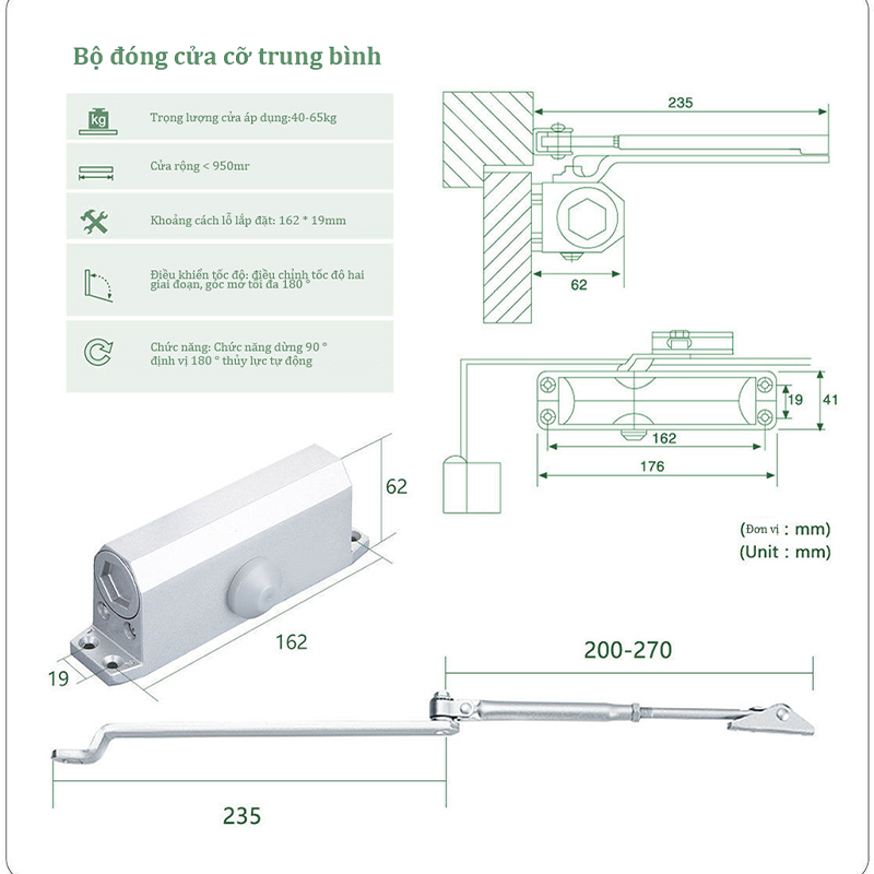 Tay co thủy lực  ELEYA cho cửa 25-35 kg