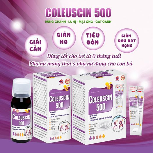 Siro ho cảm Coleuscin 500 - giảm ho, giảm đờm, sổ mũi, nghẹt mũi, dùng đươc cho trẻ sơ sinh và bà bầu - Hộp 20 gói