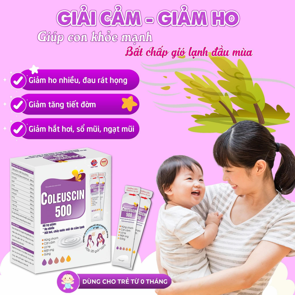 Siro ho cảm Coleuscin 500 - giảm ho, giảm đờm, sổ mũi, nghẹt mũi, dùng đươc cho trẻ sơ sinh và bà bầu - Hộp 20 gói
